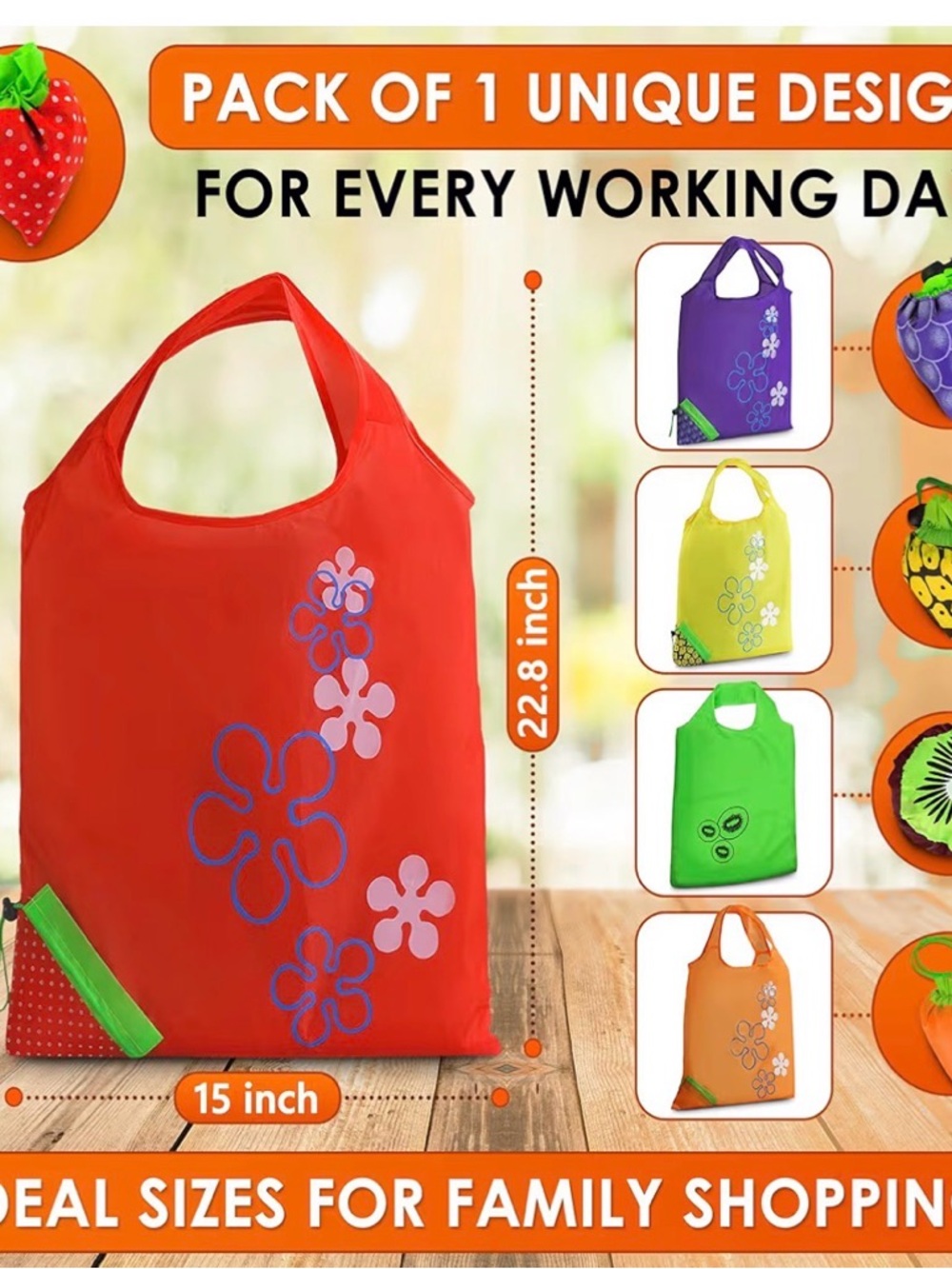 Pick One - Foldable Fruit Reusable Shopping Tote Bag with Carrying Pouch - Picture 4 of 7